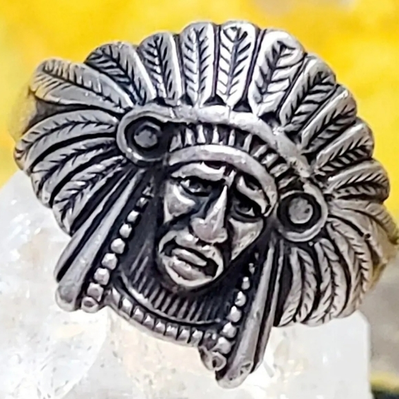 Native Indian Head CHIEF Ring .925 Sterling Silver VINTAGE SZ 5 RING Det… - Picture 2 of 3